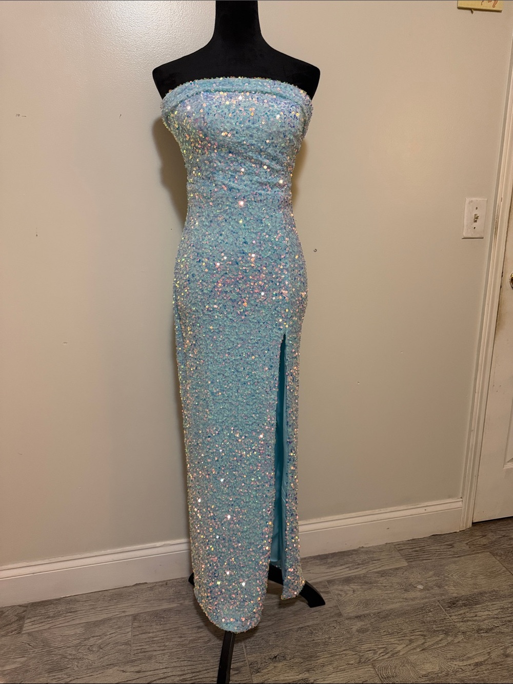 Strapless Sequin Column Gown in Light Blue